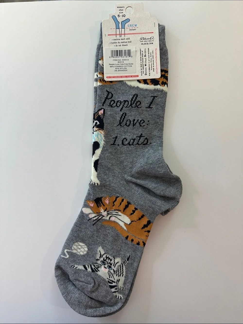 Blue Q Crew Socks “People I Love: 1. CATS”Playful Tabby & Calico Designs, Cotton